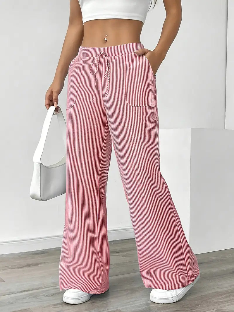 Demi | Women's Wide Leg Striped Pants Cream High Waisted