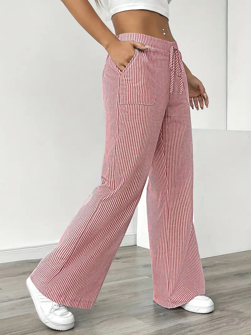 Demi | Women's Wide Leg Striped Pants Cream High Waisted