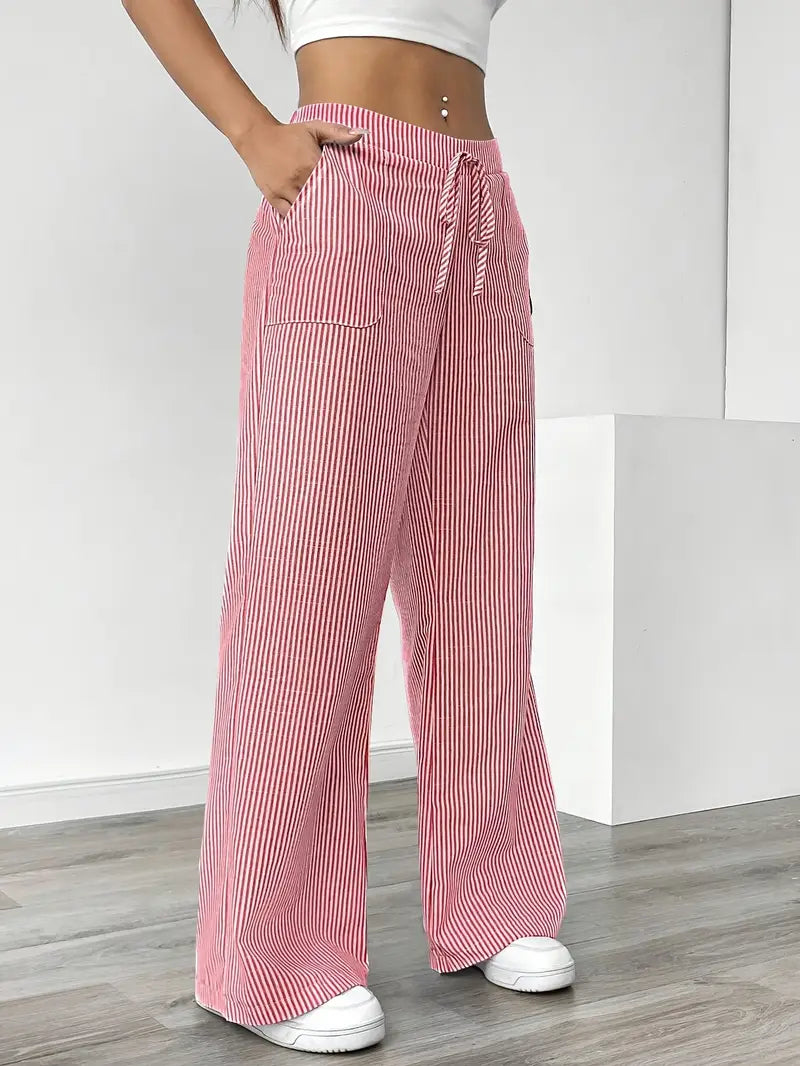 Demi | Women's Wide Leg Striped Pants Cream High Waisted