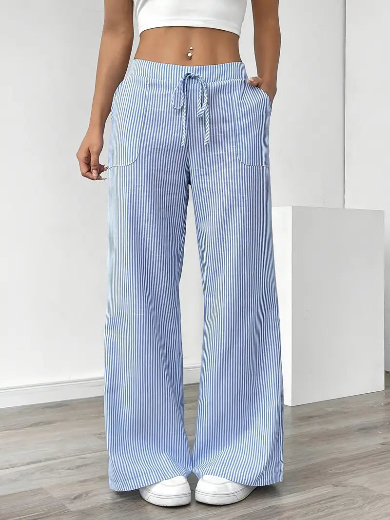 Demi | Women's Wide Leg Striped Pants Cream High Waisted