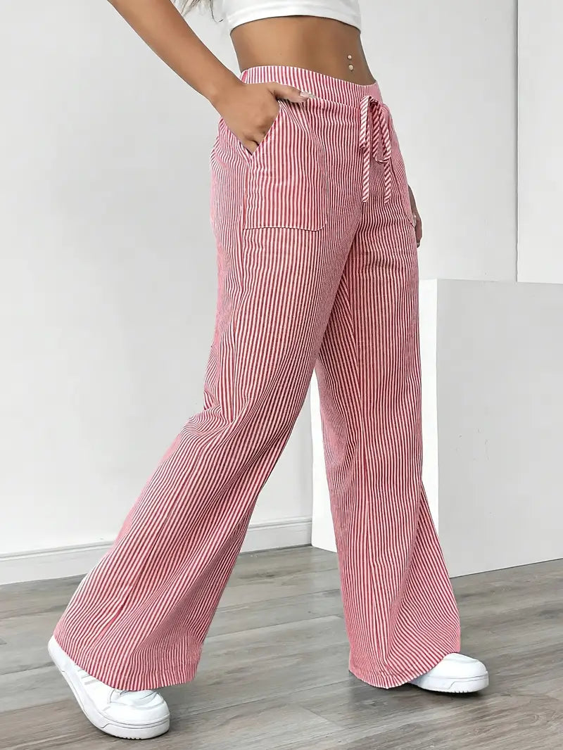 Demi | Women's Wide Leg Striped Pants Cream High Waisted