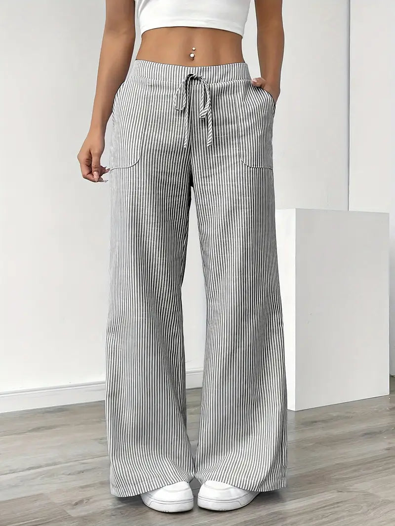 Demi | Women's Wide Leg Striped Pants Cream High Waisted