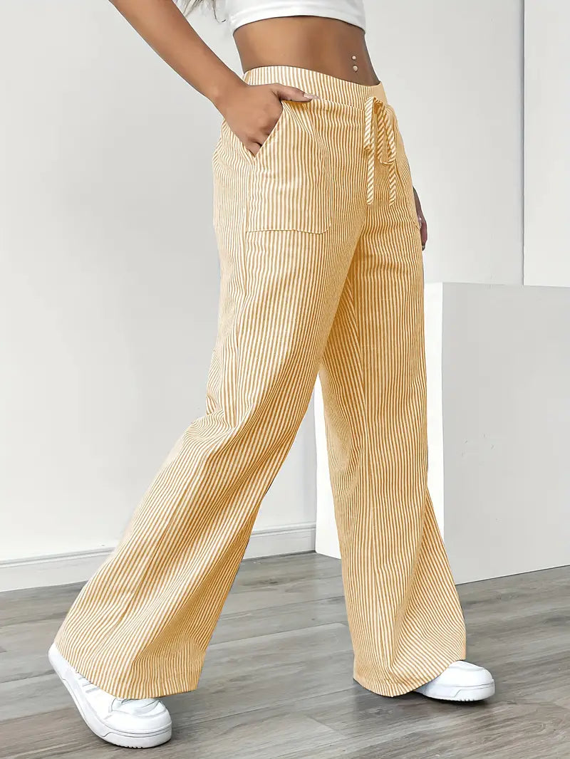 Demi | Women's Wide Leg Striped Pants Cream High Waisted
