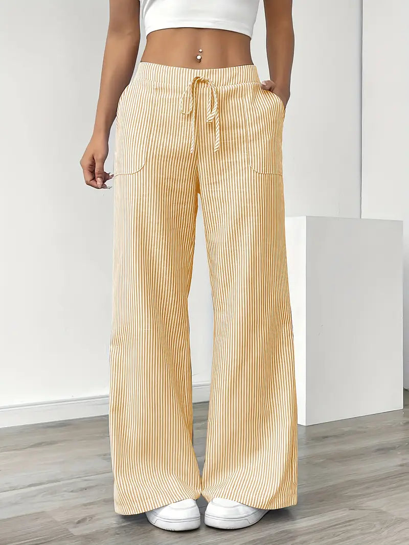 Demi | Women's Wide Leg Striped Pants Cream High Waisted