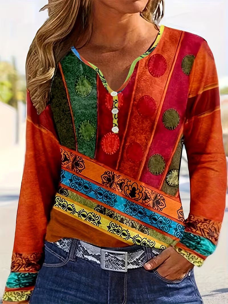 Wren | Women's Boho Patchwork Long Sleeve Top Red Multi