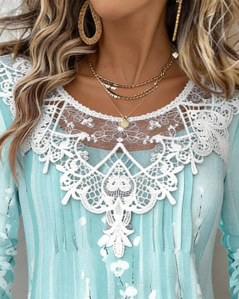 Isla | Women's Lace Long Sleeve Top Light Blue Floral Print