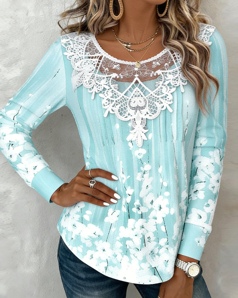 Isla | Women's Lace Long Sleeve Top Light Blue Floral Print