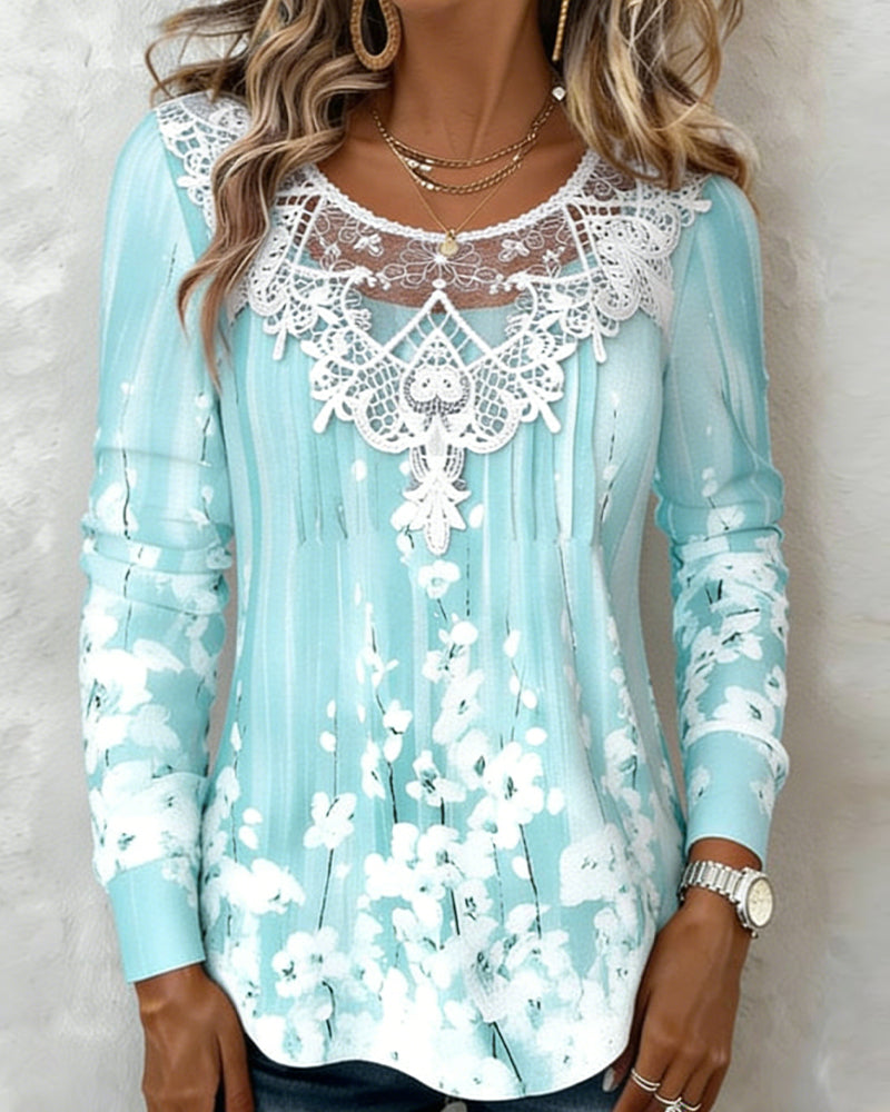 Isla | Women's Lace Long Sleeve Top Light Blue Floral Print