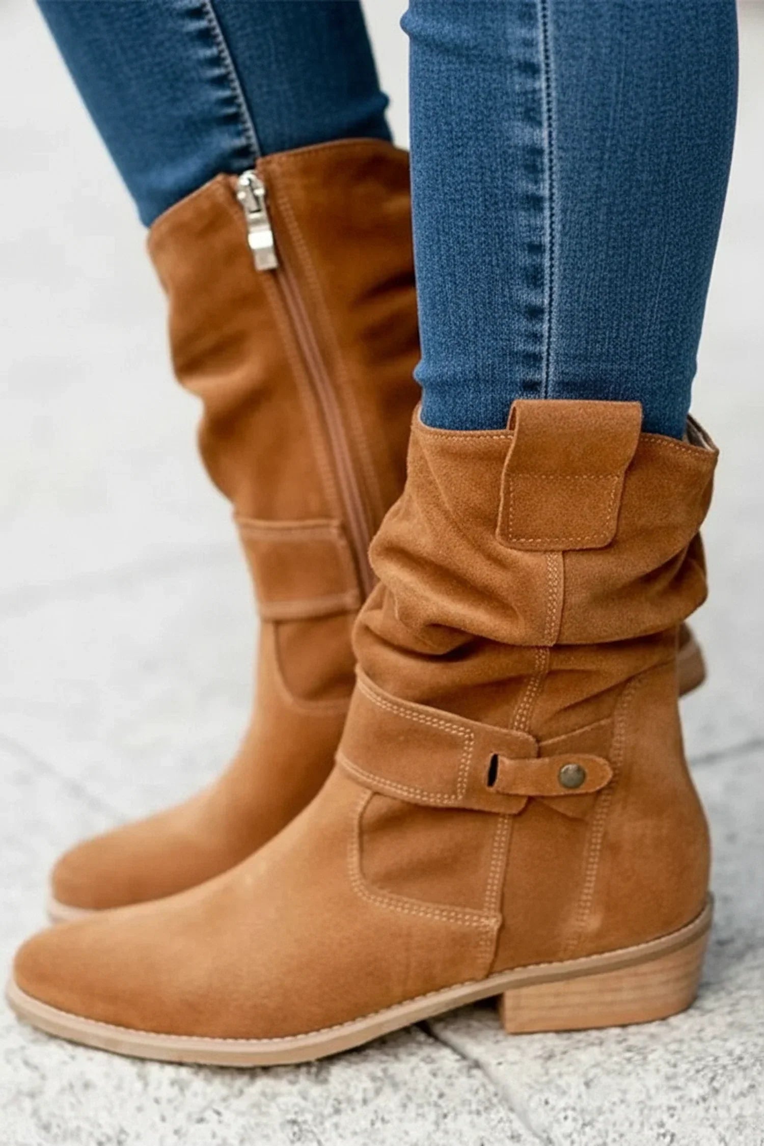 Stella | Women's Suede Slouch Ankle Boots Cream Buckle Strap