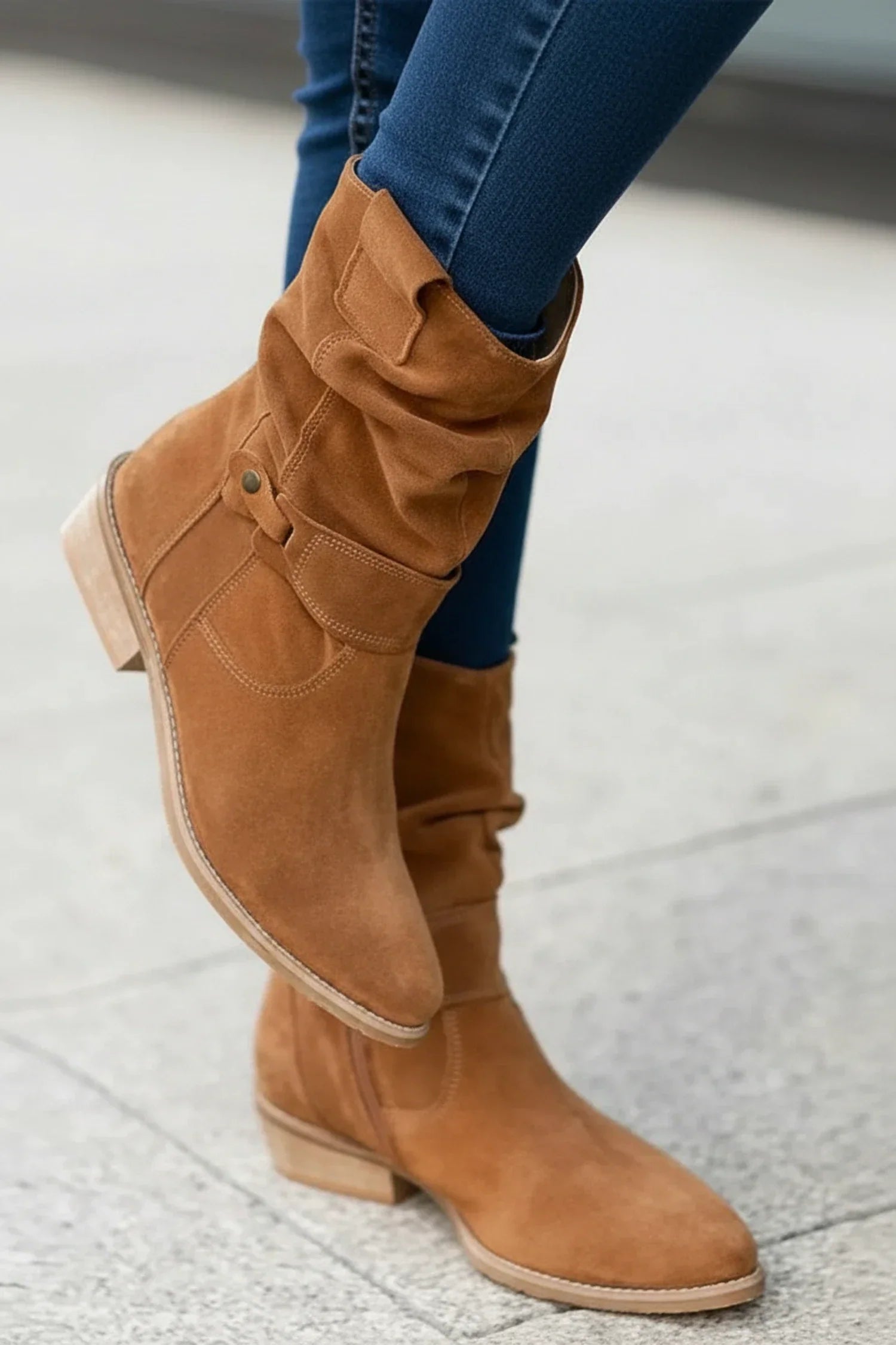 Stella | Women's Suede Slouch Ankle Boots Cream Buckle Strap