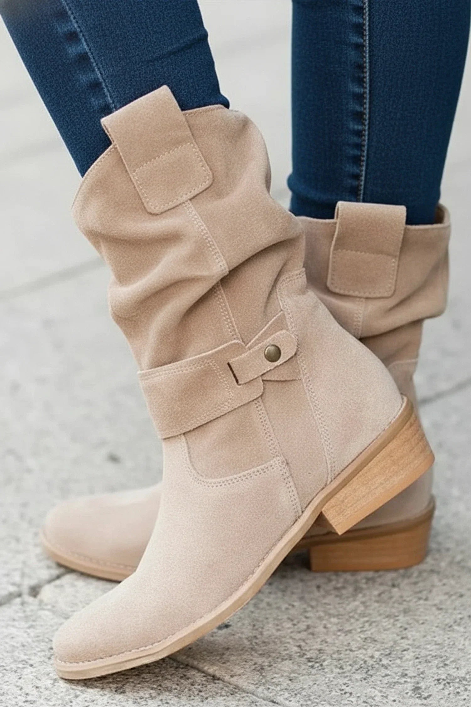 Stella | Women's Suede Slouch Ankle Boots Cream Buckle Strap