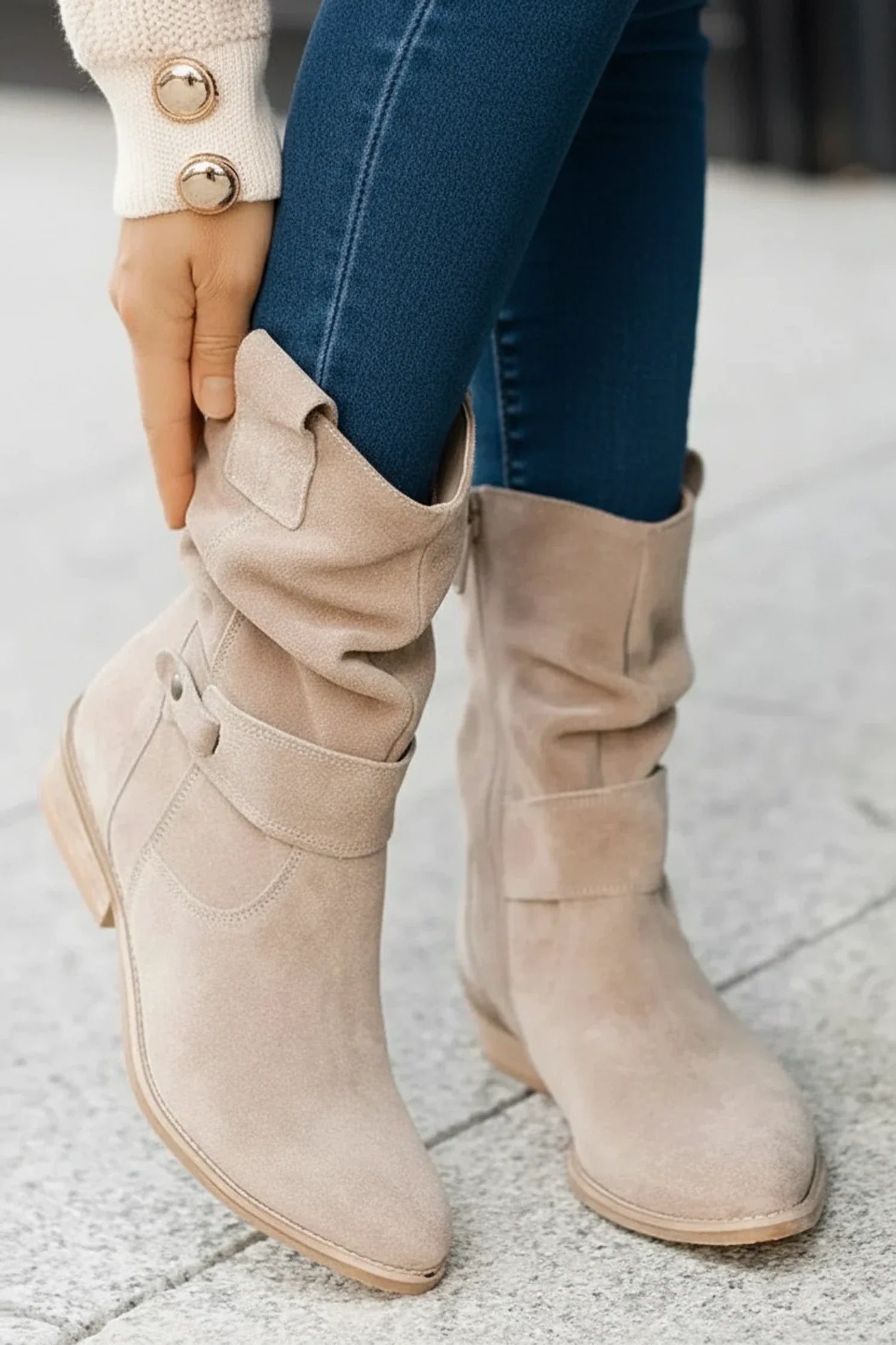 Stella | Women's Suede Slouch Ankle Boots Cream Buckle Strap