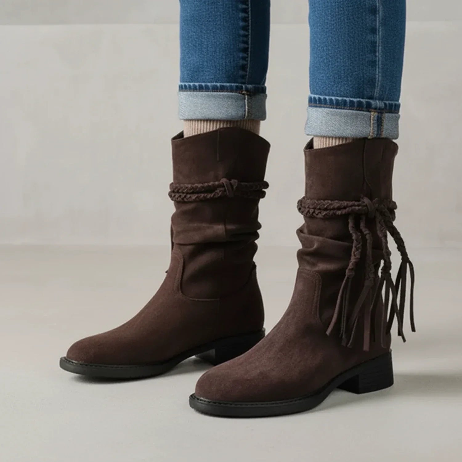 Bea | Women's Slouch Mid Calf Boots Brown Suede Fringe