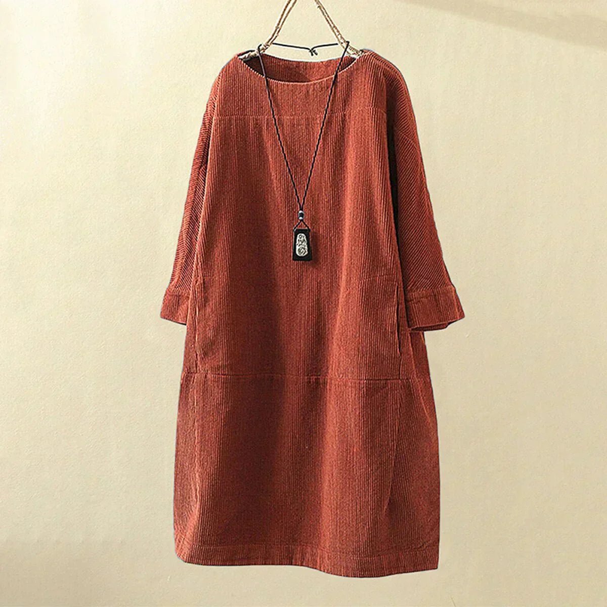 Luisa | Women's Casual Corduroy Midi Dress Brown Long Sleeve