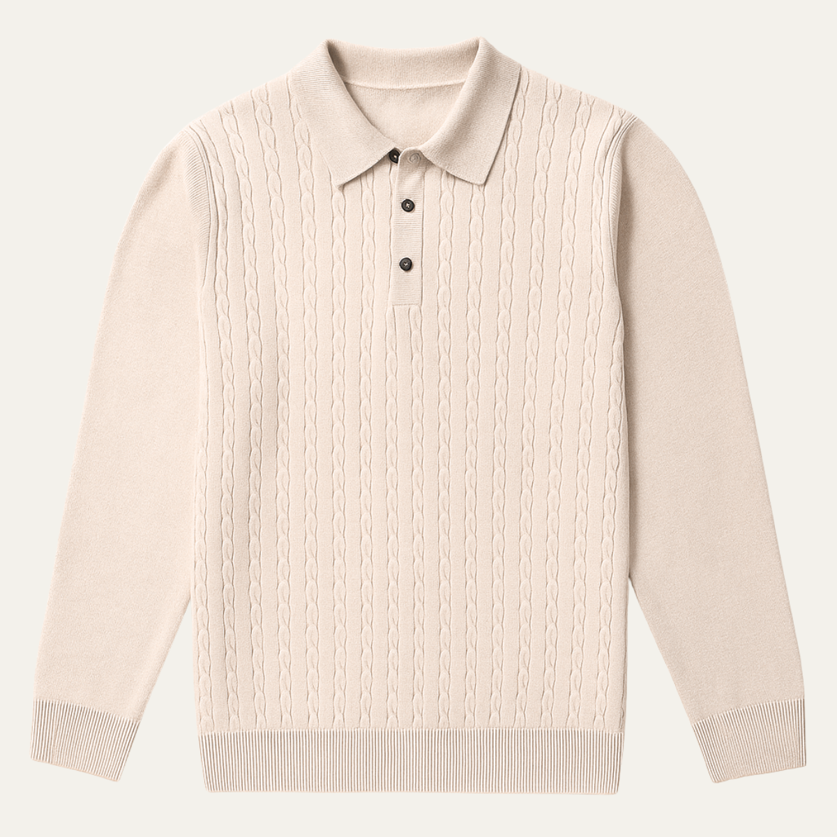 Beau | Men's Cable Knit Polo Sweater Cream Long Sleeve