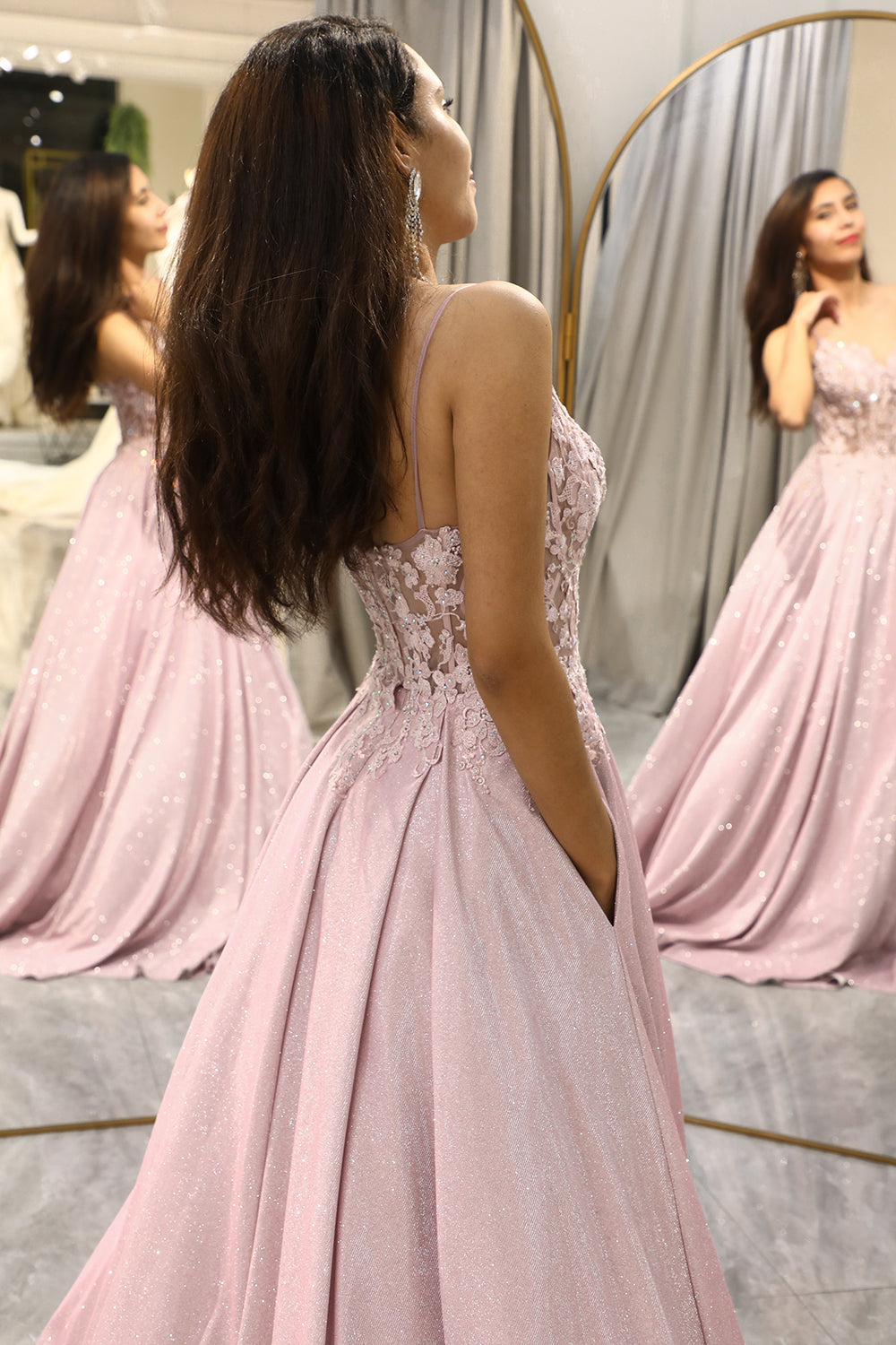 Elise | Women's Sequin Maxi Dress Pink Beaded Bodice