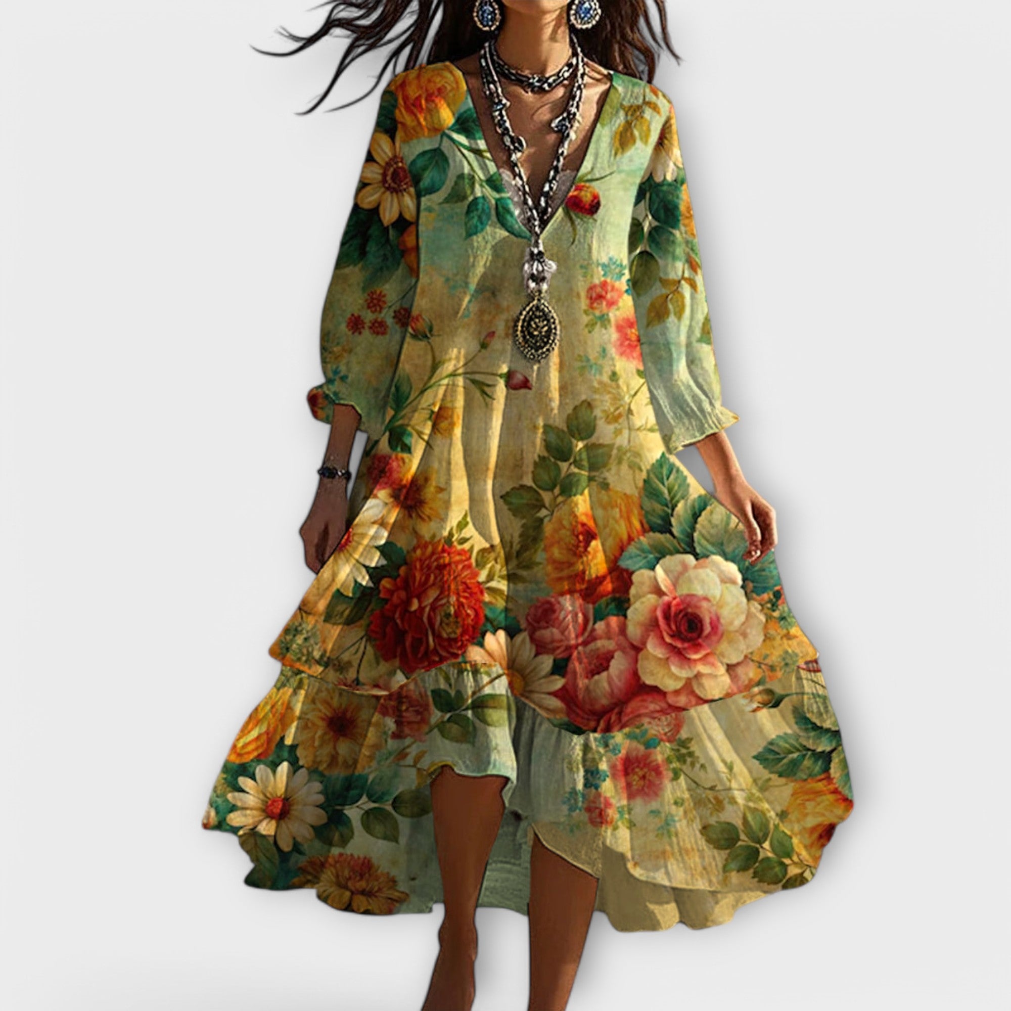 Cleo | Women's Floral Midi Dress V Neck Long Sleeve Cream
