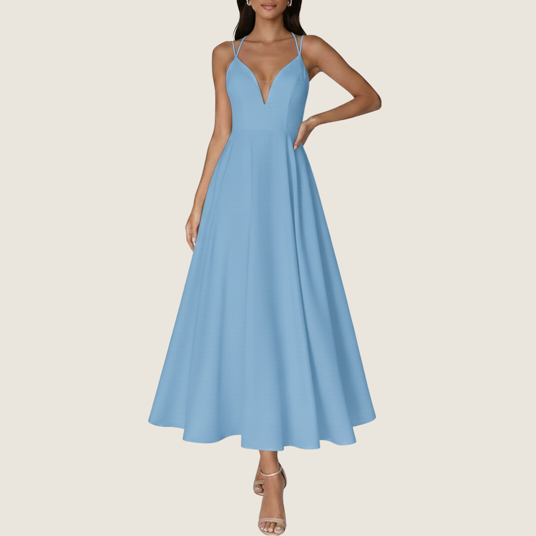 Vera | Women's V Neck Midi Dress White Halter Strap
