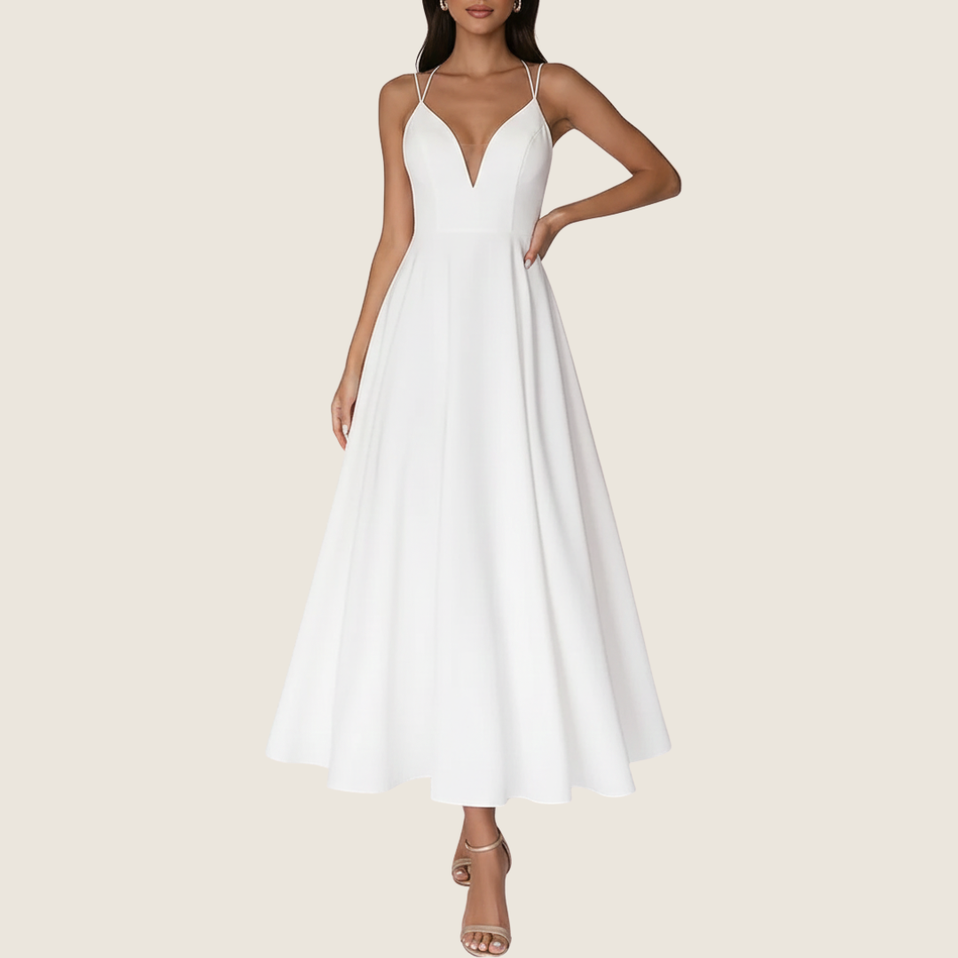 Vera | Women's V Neck Midi Dress White Halter Strap