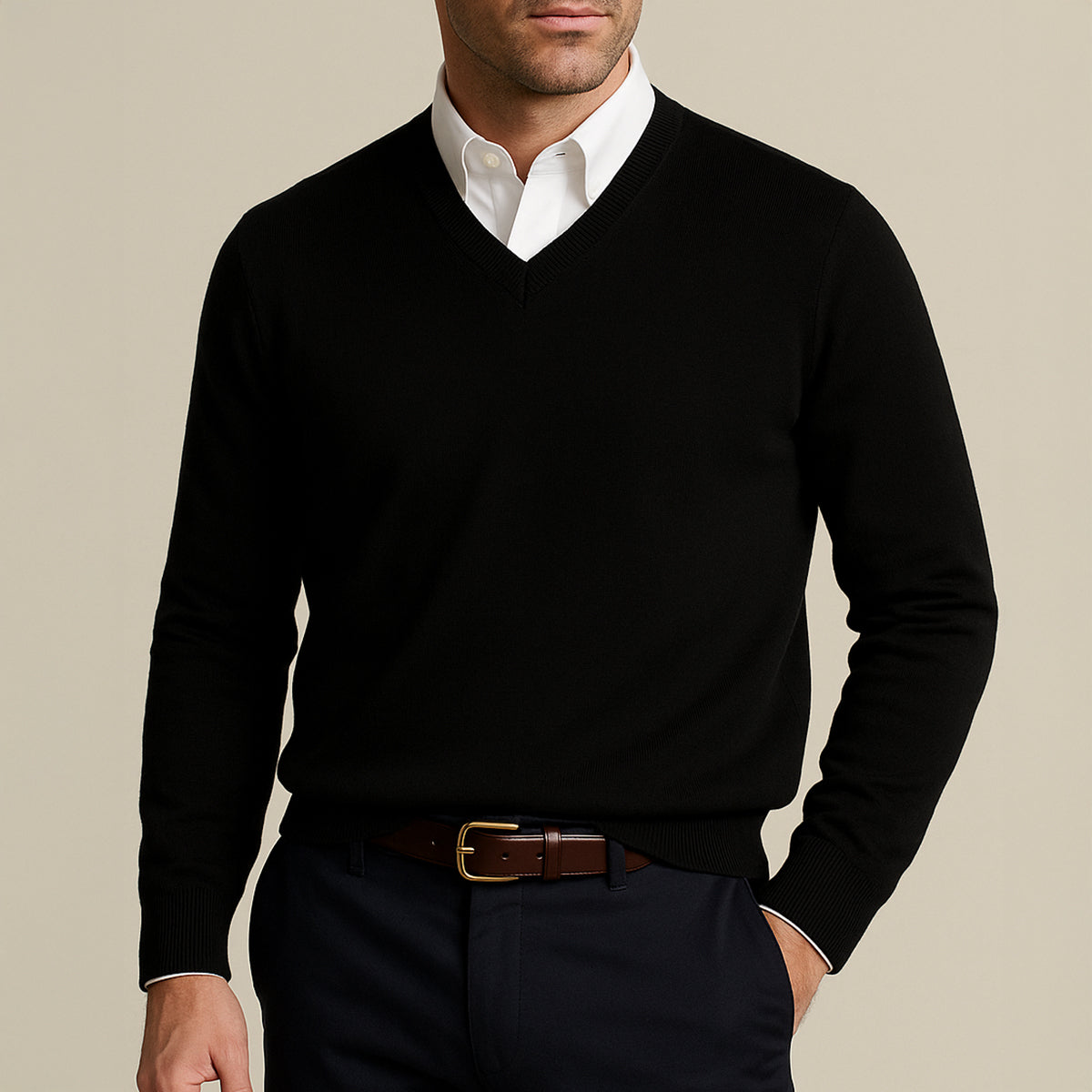 Beau | Men's V Neck Cashmere Sweater Cream
