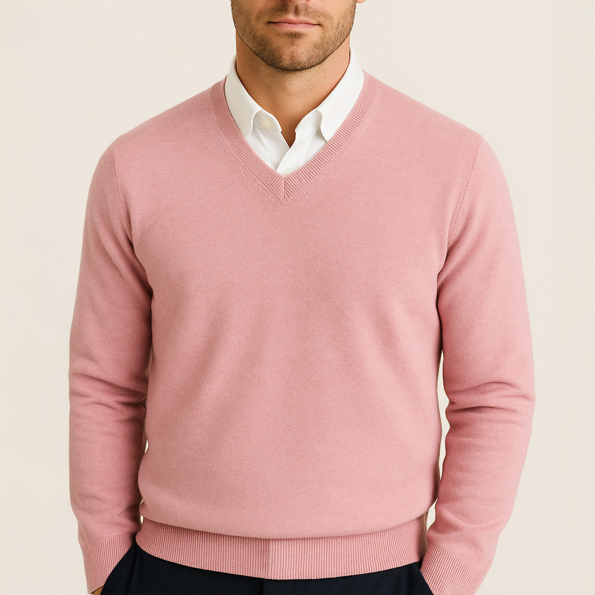 Beau | Men's V Neck Cashmere Sweater Cream