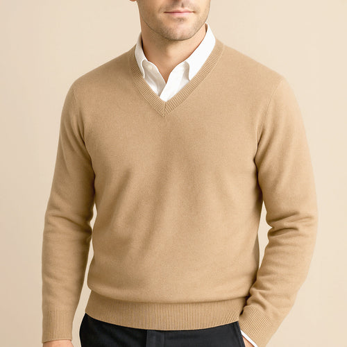 Dama Washington Arlo men's v neck sweater beige crew neck knit - front view