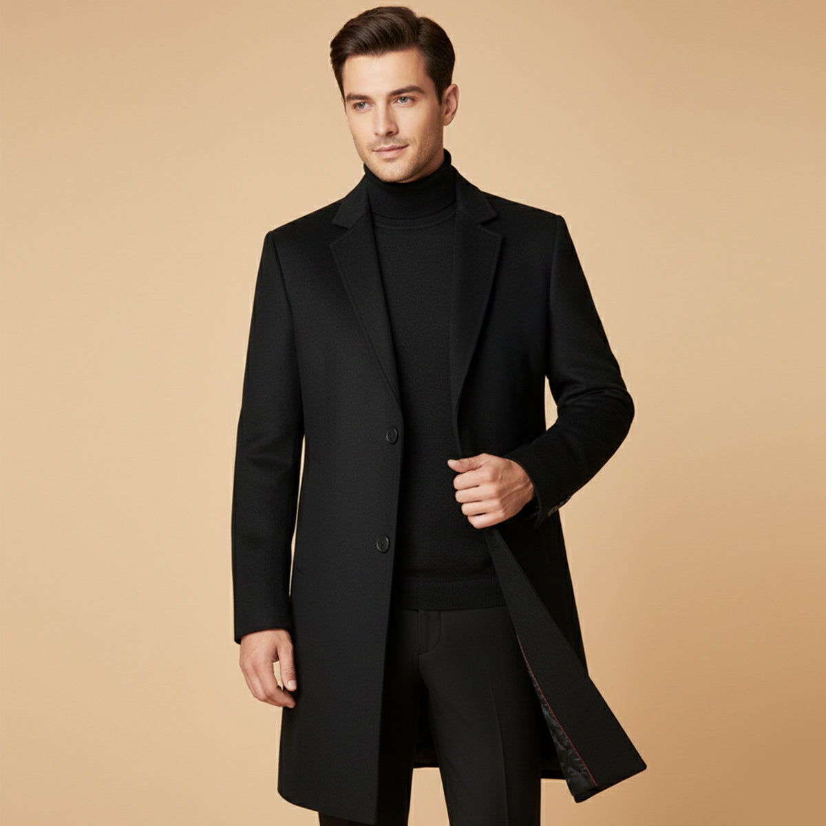 Voss | Men's Wool Overcoat Black Long Lined Quilted