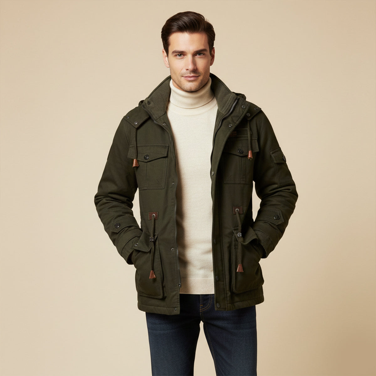 Kai | Men's Utility Jacket Beige Sherpa Lined Hooded