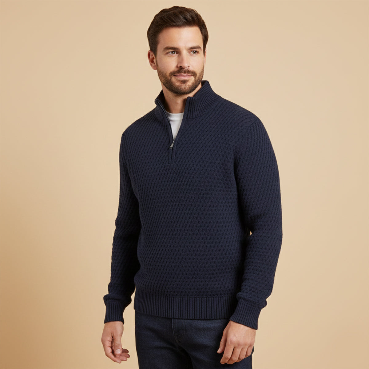 Ezra | Men's Quarter Zip Sweater Navy Ribbed Knit