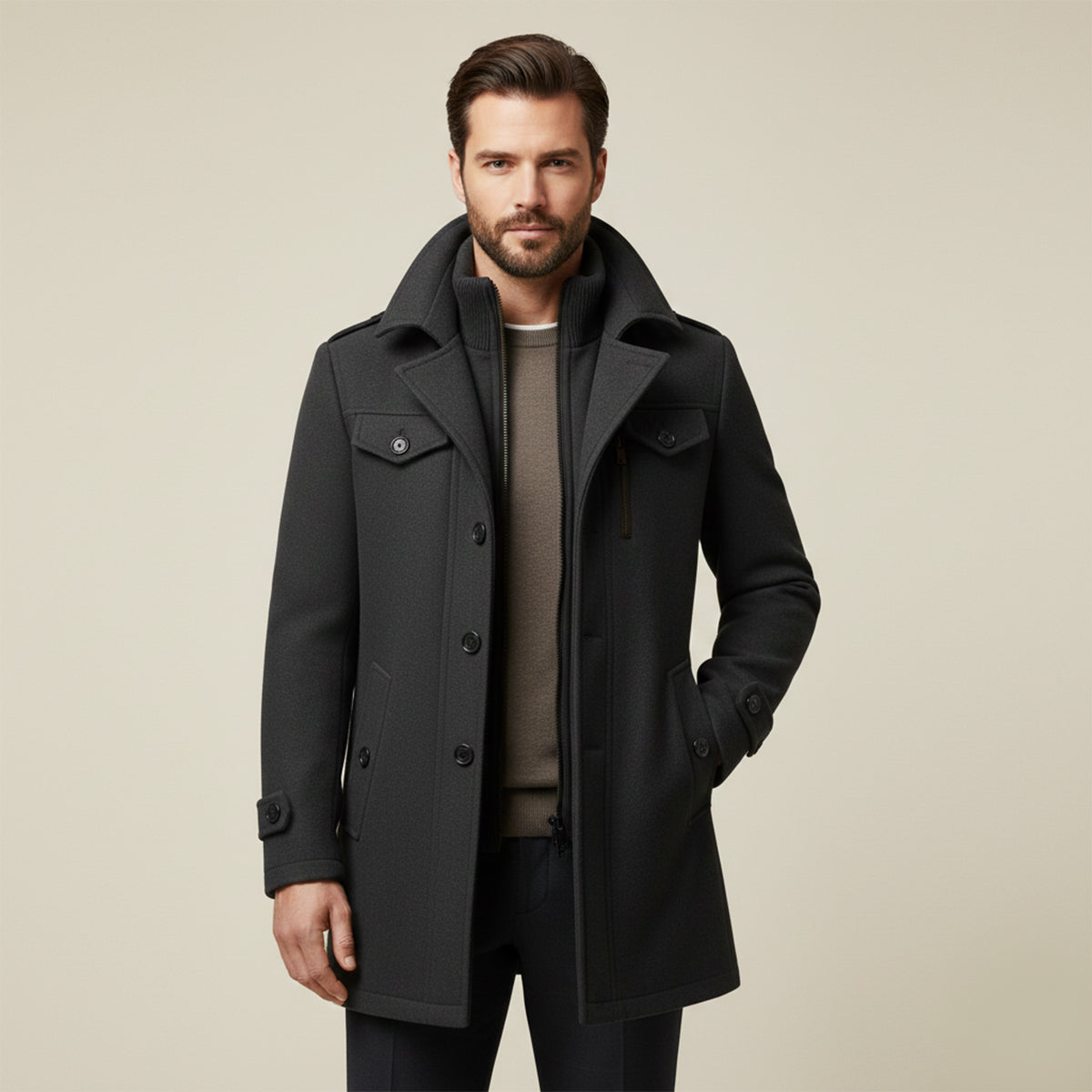 Esme | Men's Wool Coat Brown Long Sleeve Collared