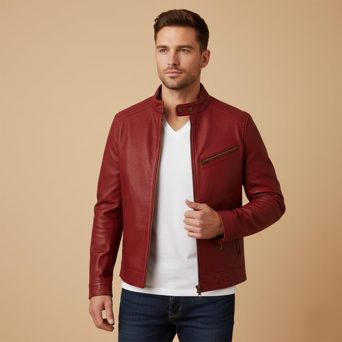 Erik | Men's Leather Jacket Brown Moto Zip Pocket