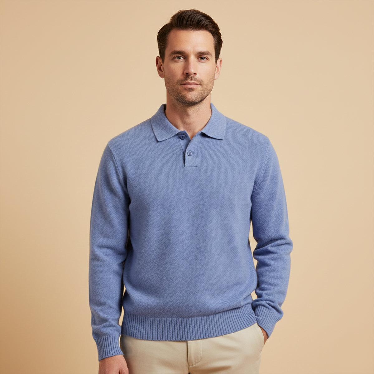 Beau | Men's Crew Neck Polo Sweater Cream Cashmere Long Sleeve