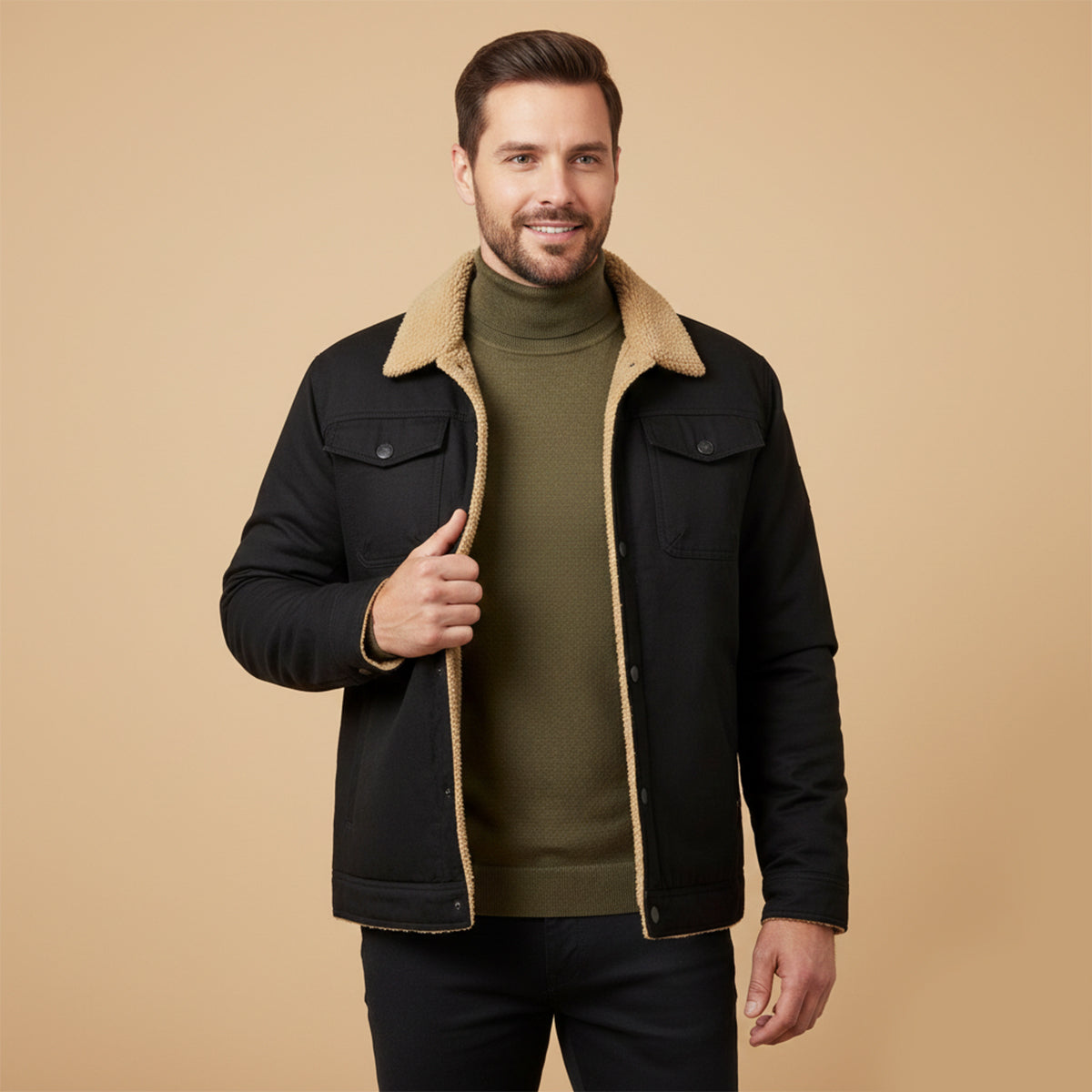 Bram | Men's Sherpa Lined Trucker Jacket Black
