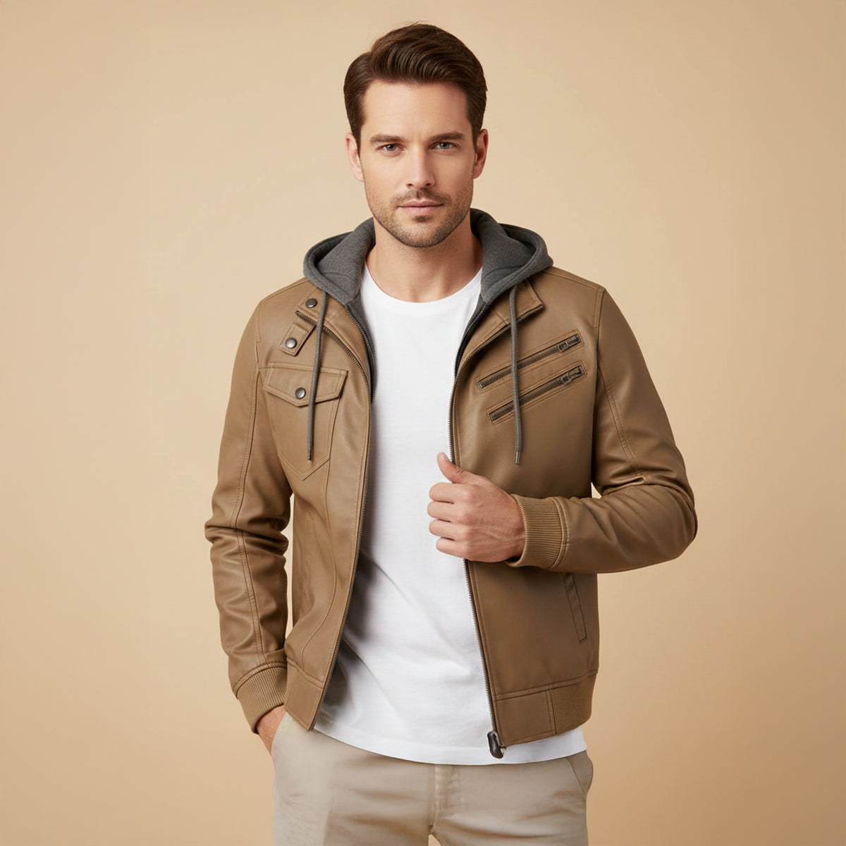 Axel | Men's Leather Bomber Jacket Brown Hooded Zip Up