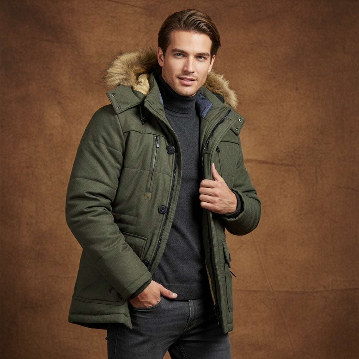 Jude | Men's Puffer Jacket Beige Faux Fur Hood Fleece Lined
