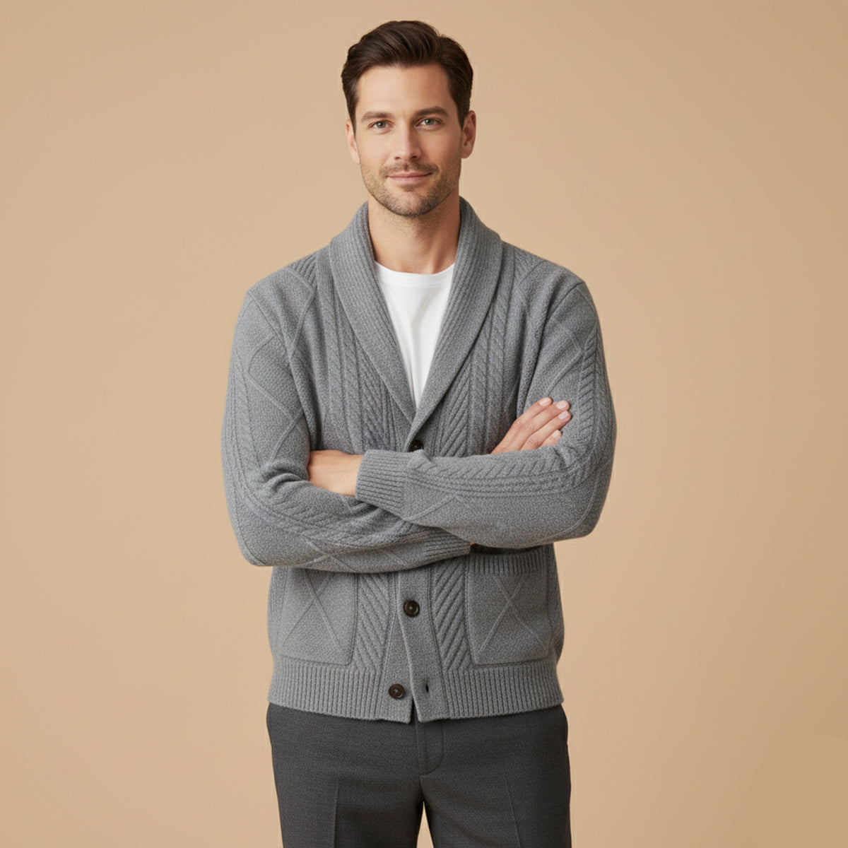Bram | Men's Cable Knit Cardigan Navy Blue Shawl Collar