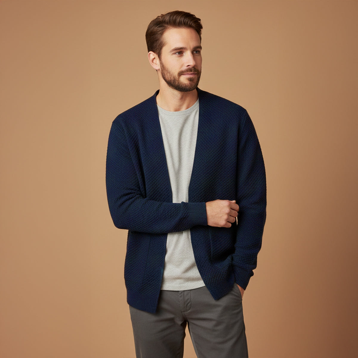Callum | Men's Cable Knit Cardigan Cream Open Front Pockets