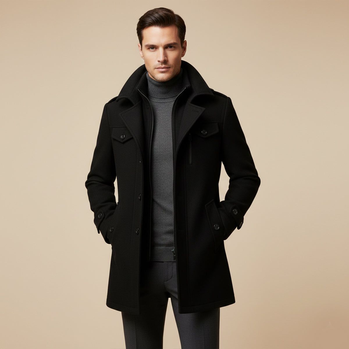Esme | Men's Wool Coat Brown Long Sleeve Collared