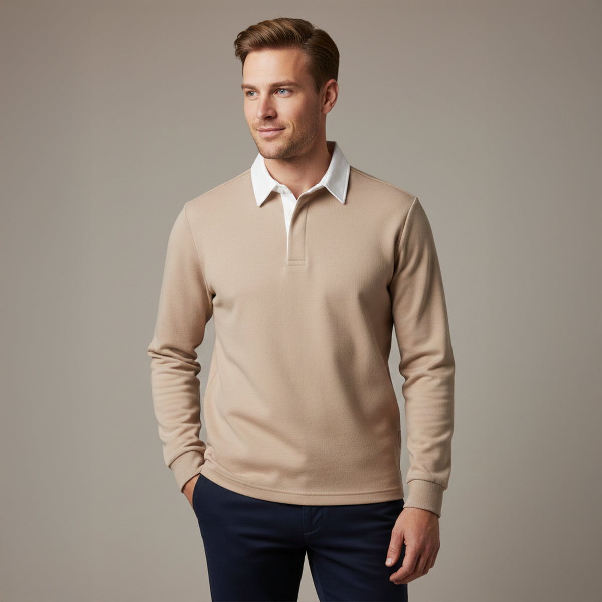 Axel | Men's Long Sleeve Polo Shirt Cream White Collar