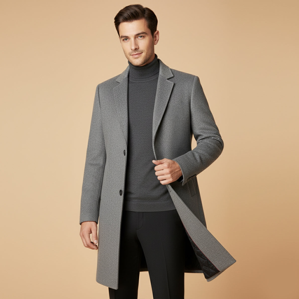 Voss | Men's Wool Overcoat Black Long Lined Quilted
