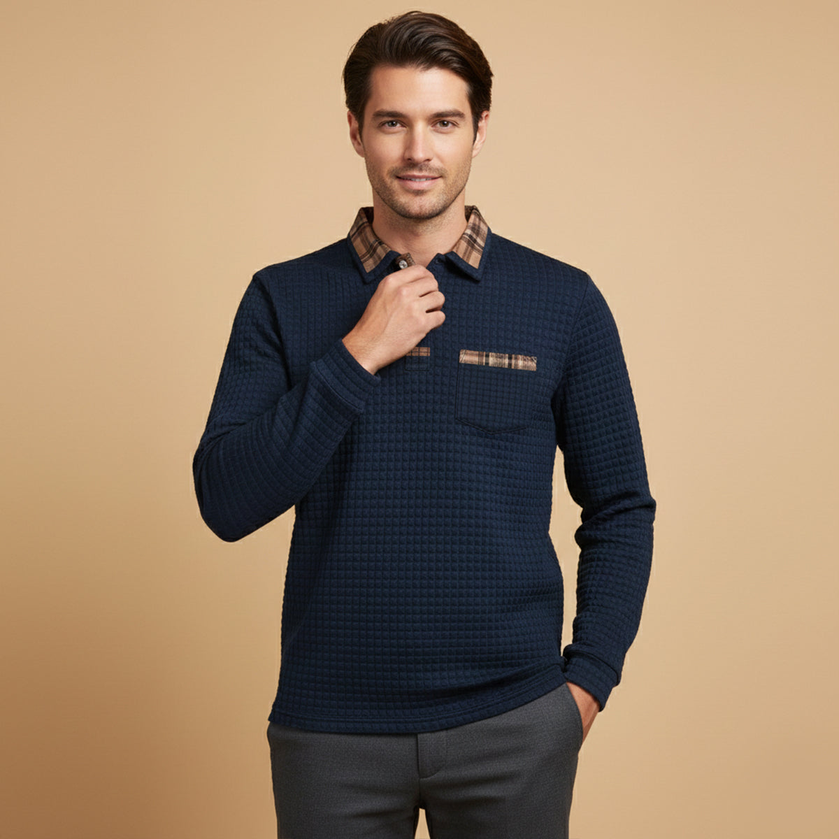Callum | Men's Quilted Waffle Knit Polo Sweater Black Plaid Collar