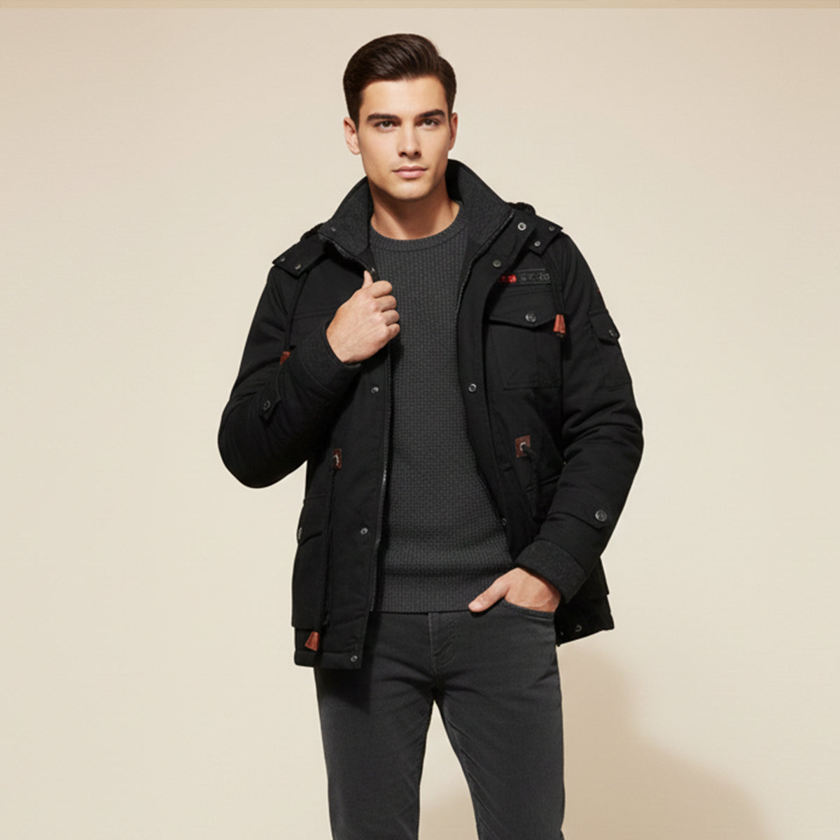Kai | Men's Utility Jacket Beige Sherpa Lined Hooded