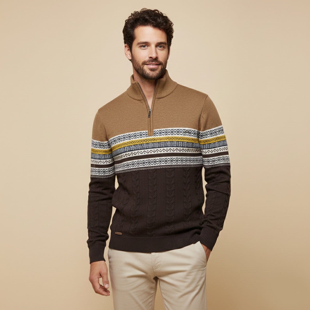 Axel | Men's Fair Isle Quarter Zip Sweater Cream Navy
