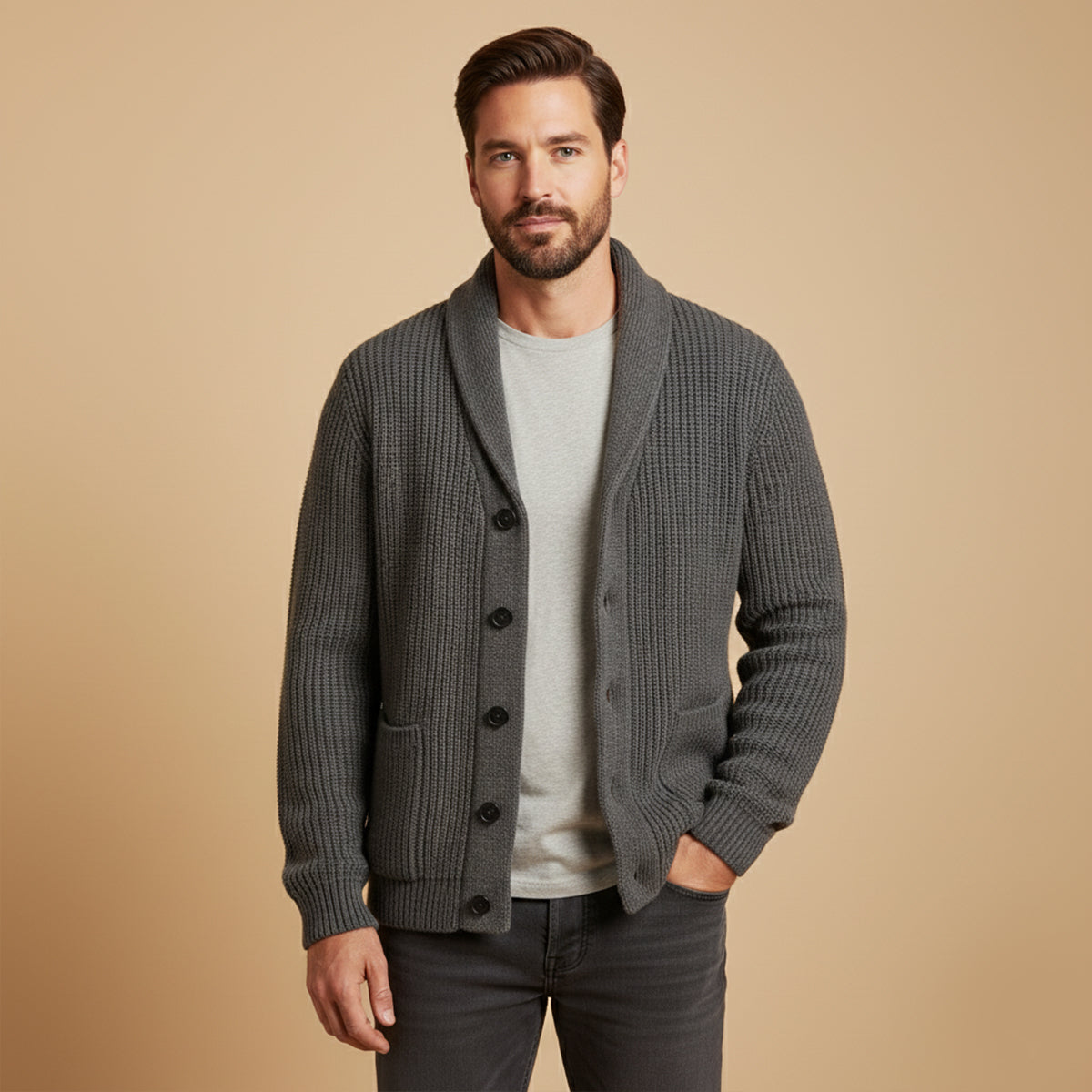 Callum | Men's Shawl Collar Cardigan Dark Gray Chunky Knit