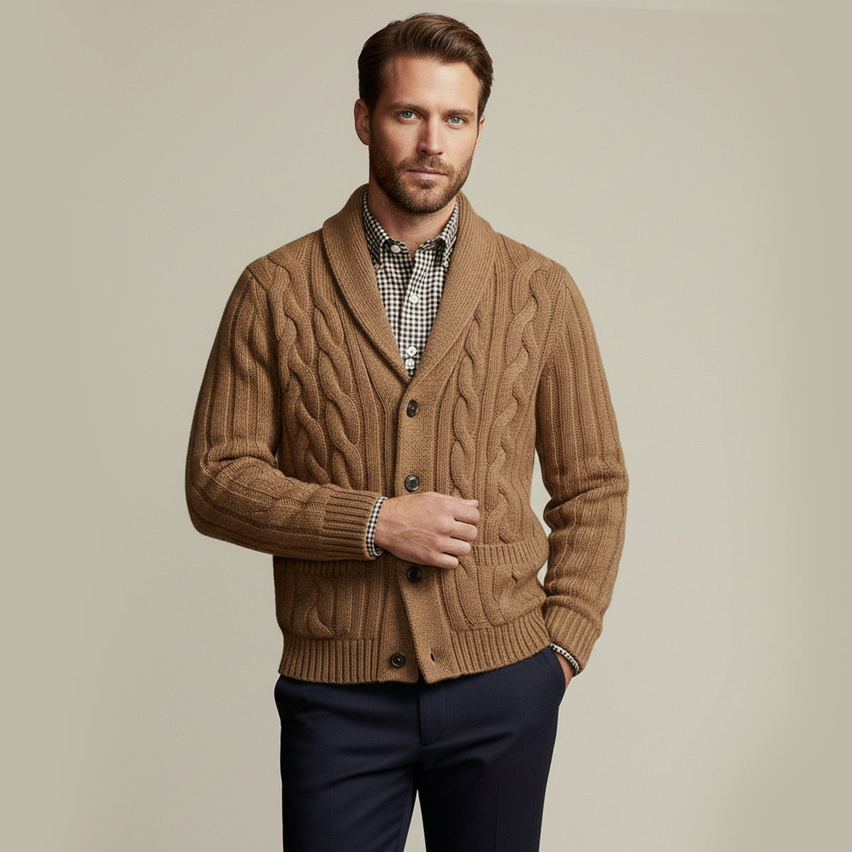 Bram | Men's Cable Knit Cardigan Beige Button Up
