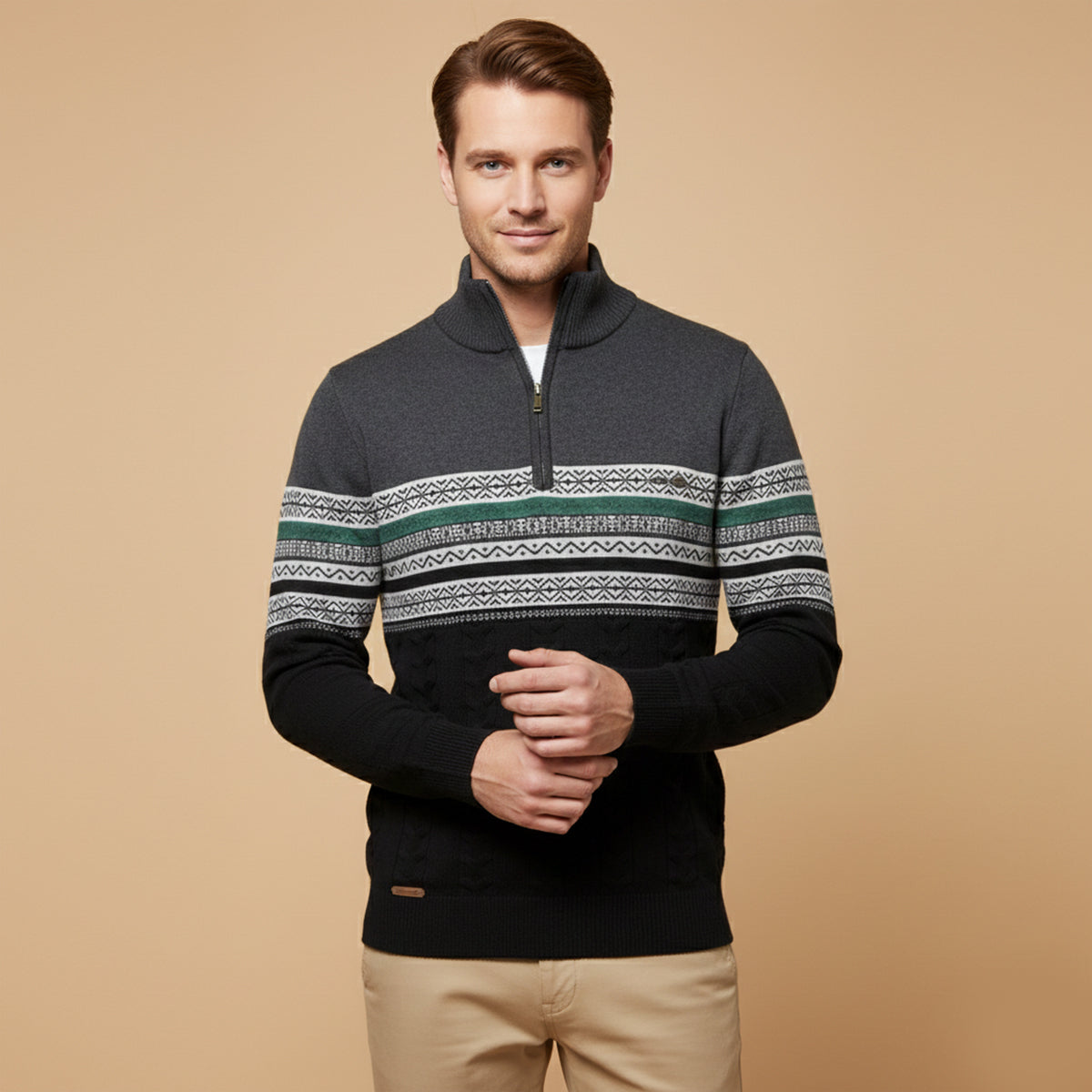 Axel | Men's Fair Isle Quarter Zip Sweater Cream Navy