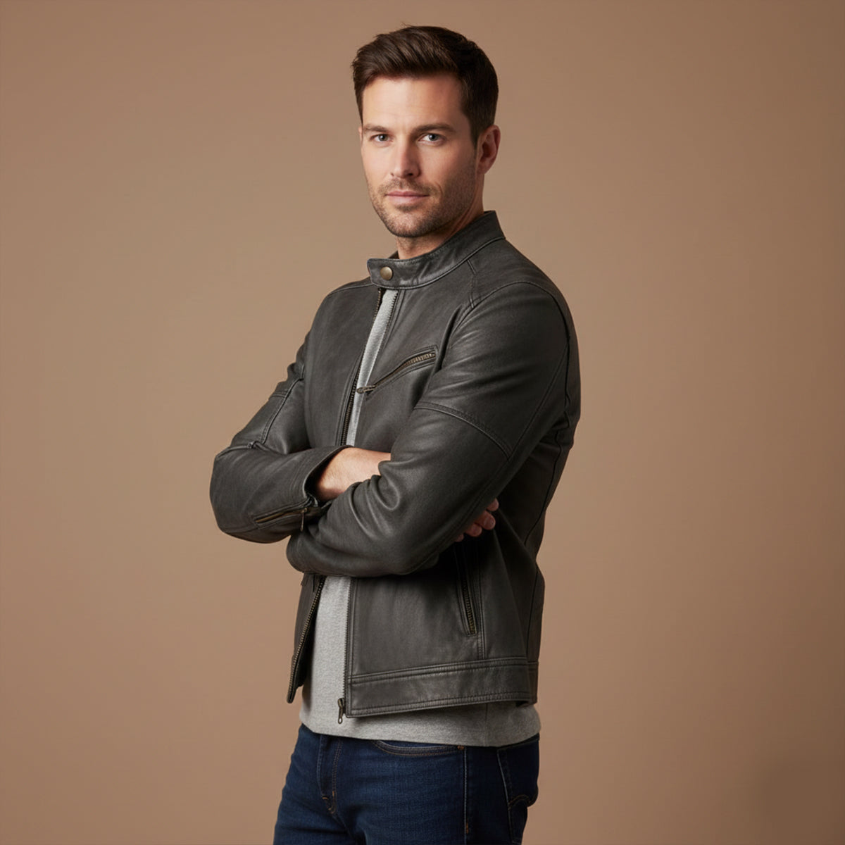Erik | Men's Leather Jacket Brown Moto Zip Pocket