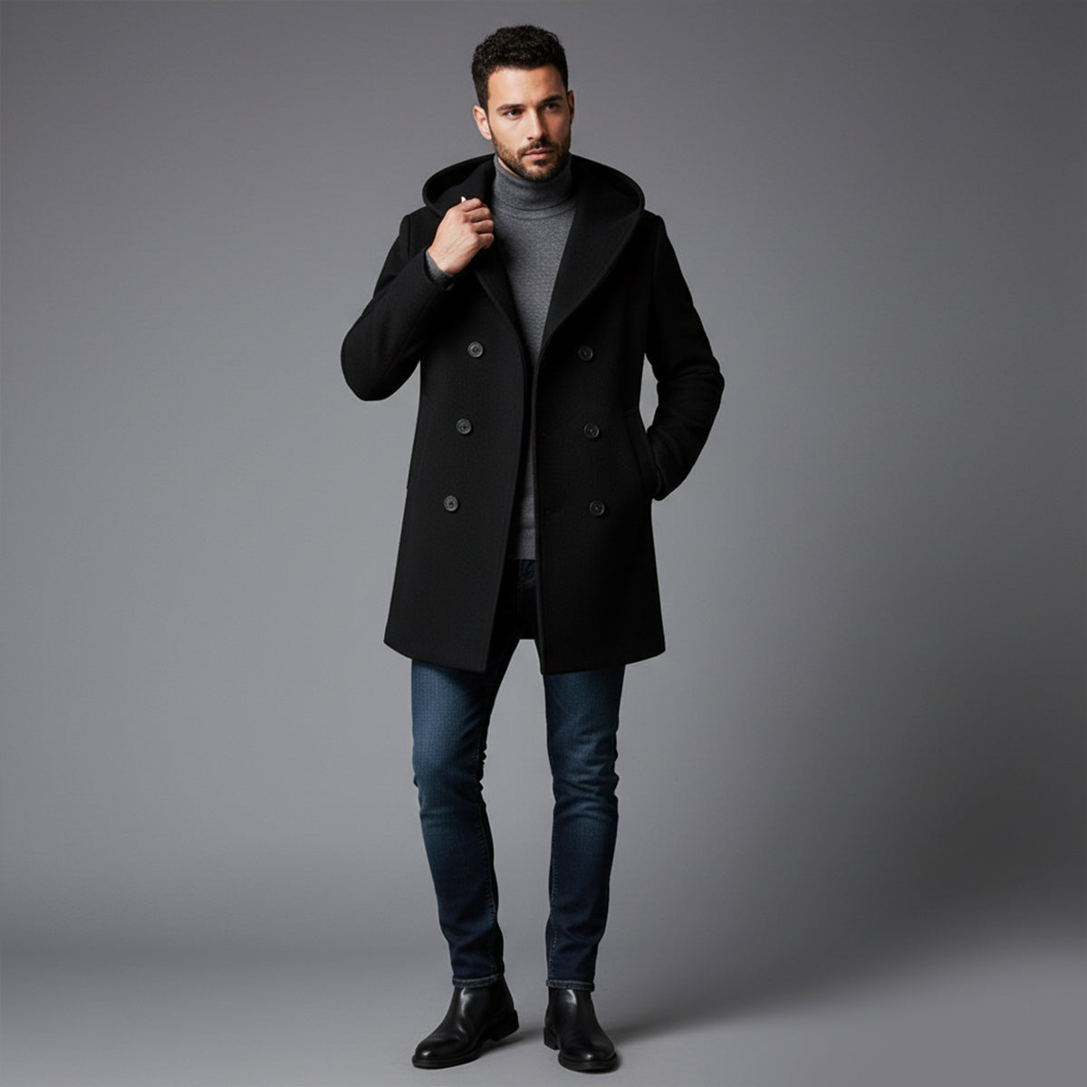 Axel | Men's Double Breasted Hooded Coat Gray
