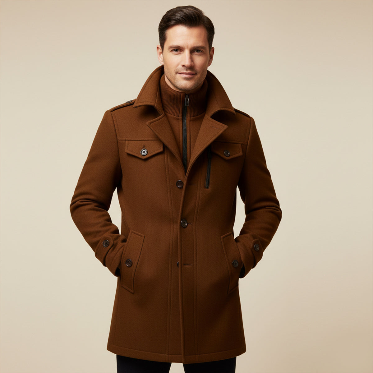 Esme | Men's Wool Coat Brown Long Sleeve Collared