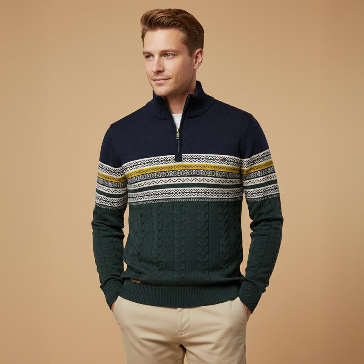 Axel | Men's Fair Isle Quarter Zip Sweater Cream Navy